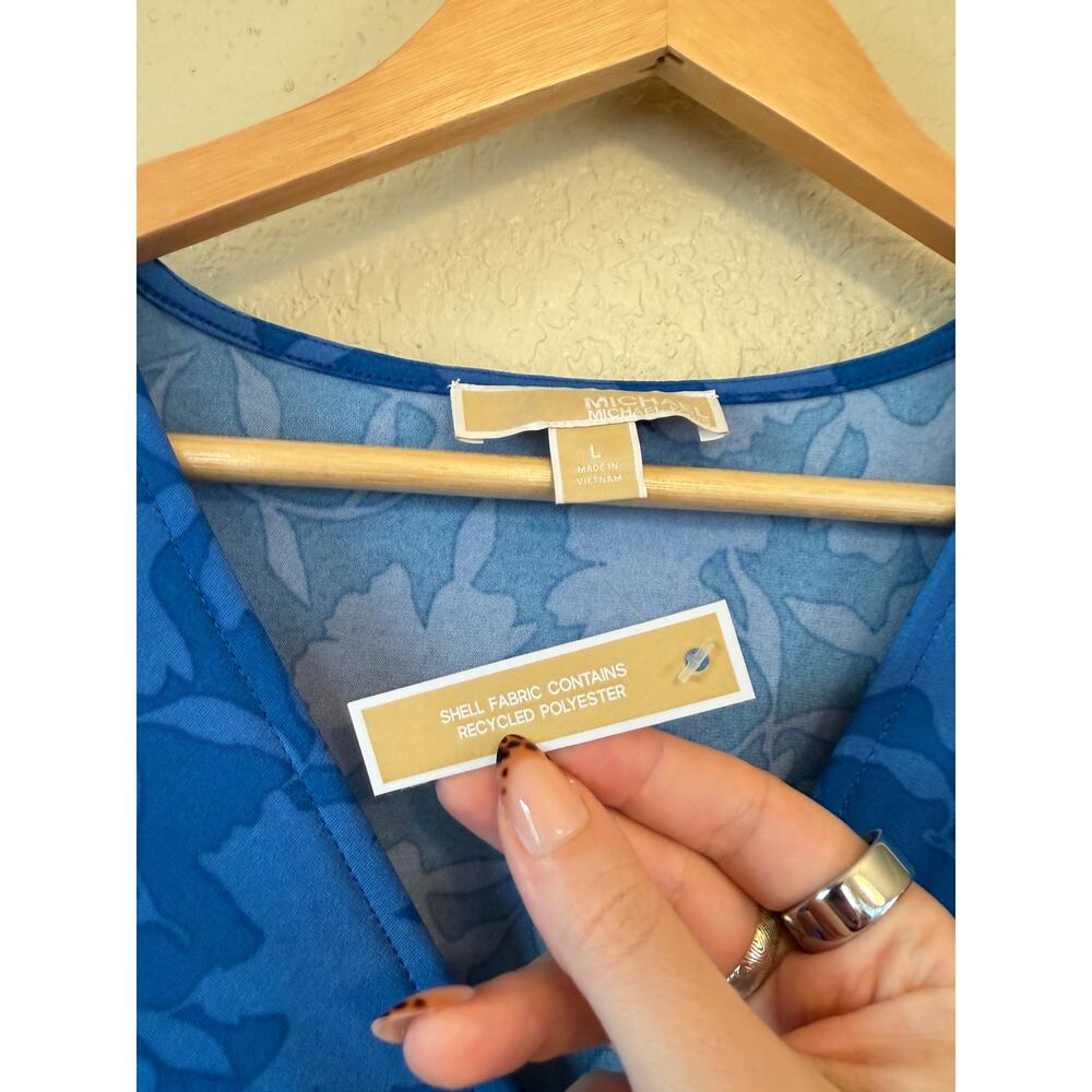 NEW Michael Kors Blue Floral Ruched Top Large Floral Flutter Sleeve V Neck Work - Picture 5 of 7